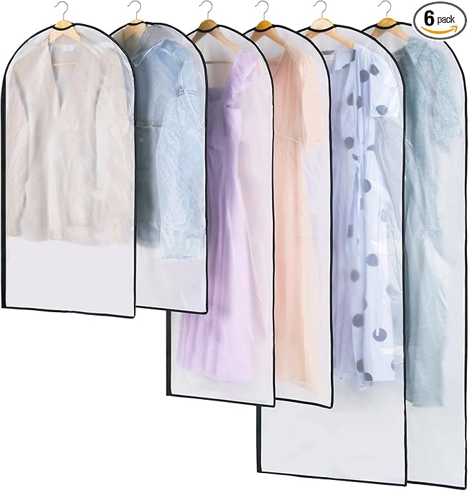 6 Pack Garment Bags for Hanging Clothes - Translucent Suit Bag for Closet Storage, Clothes Cover for Hanging Shirts, Dresses, Travel, Moving - Black