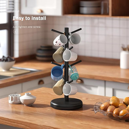 Mug Holder Tree 360° Rotated Mug Tree Coffee Cup Holder Bamboo Rack Stand 8 Hooks for Countertop Cup Rack Kitchen Coffee Bar Organizer Decorative Mug Racks (Natural+Black)