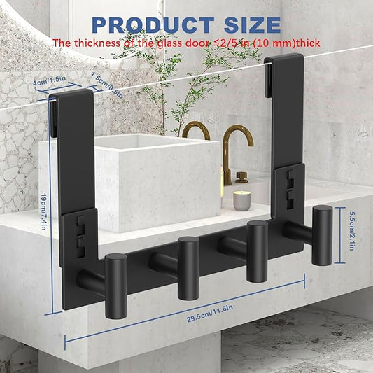 WUIVIUT Over The Glass Shower Door, Metal Shower Wall Mount Bath Hooks, Heavy Duty Rack Hooks for Robe, Towel (4 Hook, Fits 3/8'' Thick)