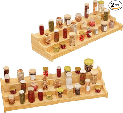 2 Pack Spice Rack Organizer for Cabinet - 3 Tier Bamboo Expandable Display Shelf for Seasoning Storage in Kitchen Pantry