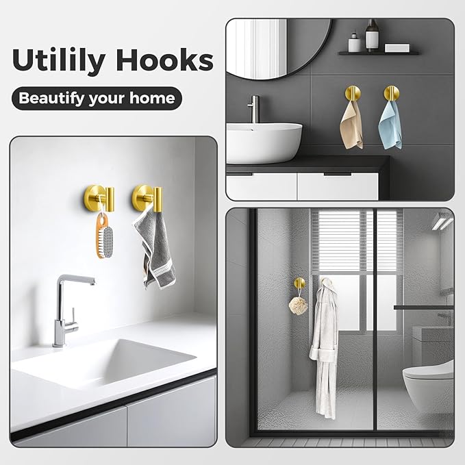 WingWider Shower Hooks for Inside Shower,No-Drill Removable&Reusable Towel Hooks for Bathroom,Heavy Duty Suction Cup Hooks for Glass Window,4 Packs(Gold)