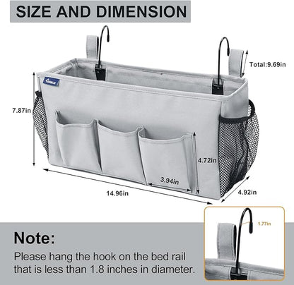 Surblue Bedside Organizer with Hook Bedside Caddy Hanging Storage Bag with Adjustable Straps and Water Bottle Holder for Home College Dorm Bunk Bed Accessories, Hospital Bed,Lightgrey