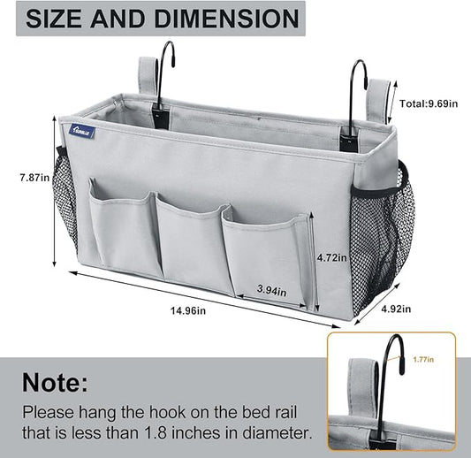 Surblue Bedside Organizer with Hook Bedside Caddy Hanging Storage Bag with Adjustable Straps and Water Bottle Holder for Home College Dorm Bunk Bed Accessories, Hospital Bed,Lightgrey