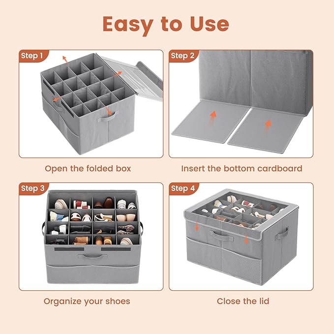 PHINOX Shoe Organizer for Closet, Fits up to 16 Pairs, Shoe Storage Bins with Clear Cover and Reinforced Handles, Foldable Shoe Storage Organizer, Space Saving Shoe Holder for Wardrobe, 2 Pack Grey