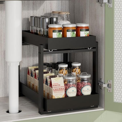 2 Pack Under Sink Organizer, Bamboo Wooden 2-Tier Pull-Out Storage with Sliding Drawers for Kitchen and Bathroom Cabinets, Easy Installation (Black, 1 pack)