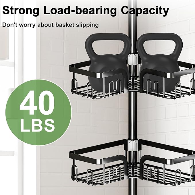 Clothink Corner Shower Caddy Tension Pole 4 Tier Adjustable Stainless Steel Shower Shelf for Inside Shower Bathtub Shampoo,Standing Bathroom Organizer Shelves with 39 to 113 inch Height