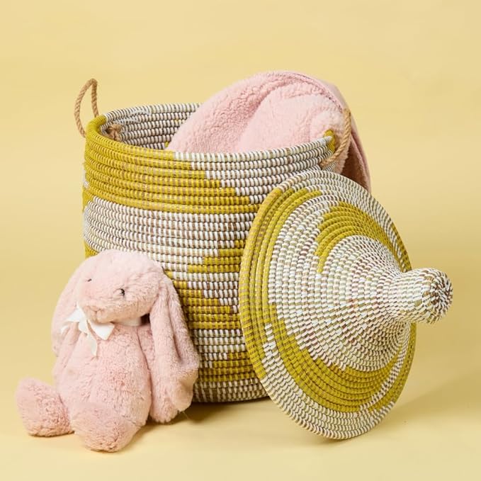 Small Storage Basket, Organizing, Storage, Wicker, Woven, With Lid, Handles, 12" Wide, 14" Tall (Yellow White)