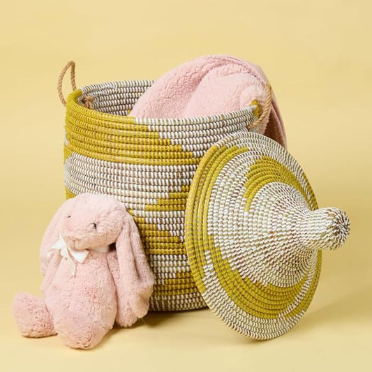 Small Storage Basket, Organizing, Storage, Wicker, Woven, With Lid, Handles, 12" Wide, 14" Tall (Yellow White)