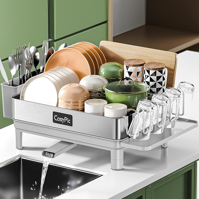 CosyPic Dish Racks, Thicker Premium 304 Stainless Steel Dish Drying Rack for Kitchen Counter, Automatic Drainage Spout, Dish Drainer & Drainboard Set with Utensil Holder and Cup Holder, Grey