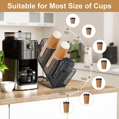 Disposable Coffee Cup Holder with Straw Organizer, Paper Cup and Lid Holder Dispenser for Coffee Station Bar Countertop Restaurant Breakroom, Black