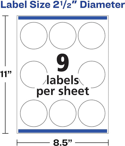 Avery Printable Round Labels with Sure Feed, 2.5" Diameter, Glossy White, 450 Customizable Labels (22830)