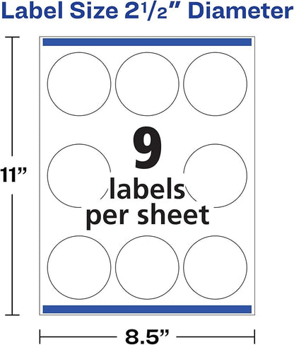 Avery Printable Round Labels with Sure Feed, 2.5" Diameter, Glossy White, 90 Customizable Labels (22830)