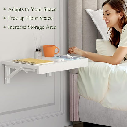 TEAMIX Wall Mounted Folding Bedside Shelf, White Wood Floating Nightstand Table with Heavy-Duty Brackets, 16.5''x12'' Space Saving Bed Side Tray Storage for Bedroom, Living Room, Dorm (White, Basic)