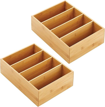 mDesign Bamboo Wood Food Storage Organizer Box, 4 Section, Divided Compartment Bin; Container for Kitchen, Pantry; Holder for Spices, Snacks, Tea, Coffee Cup - Echo Collection - 2 Pack - Natural