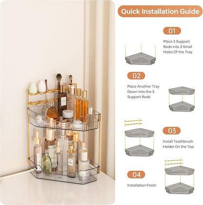 ZZWILLB Corner Bathroom Counter Organizer with Makeup Brush Holder & Toothbrush Holders, Makeup Organizer for Vanity Countertop, Acrylic Skincare Storage Shelf (Grey, 2-Tier)