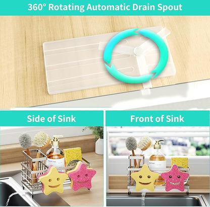 HapiRm Sink Caddy Sponge Holder - Self-draining Kitchen Sink Organizer with Smiley Face and Brush Holder, Stainless Steel Kitchen Sponge Caddy for Countertop - Brushed Nickel