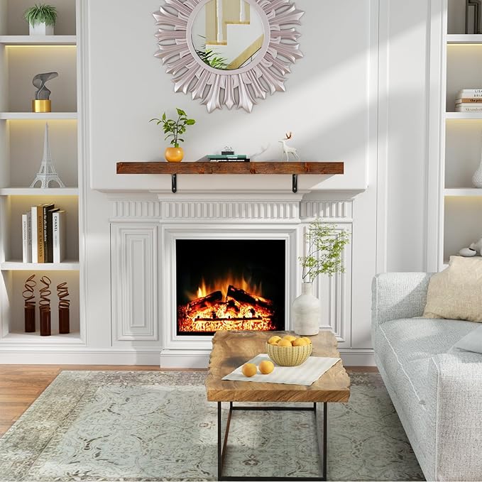 ROOMTEC Fireplace Mantel with L-Shaped Brackets,72" Wood Fireplace Shelves,Wall Mounted Shelving,Handcrafted Brack, 72" x 8" x 3", Wood Brown