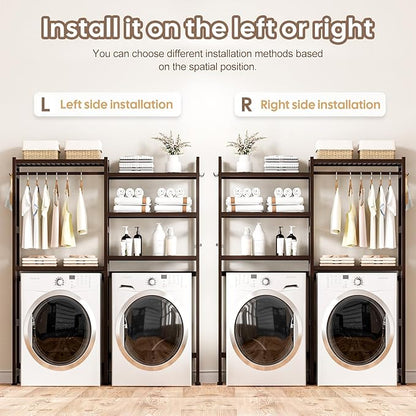 Over The Washer and Dryer Storage Shelf Bamboo,5 Tiers Laundry Room Drying Rack with Adjustable Shelves and 4 Hooks,Space Saver Organizer for Hanging Clothes and Towels (Brown)