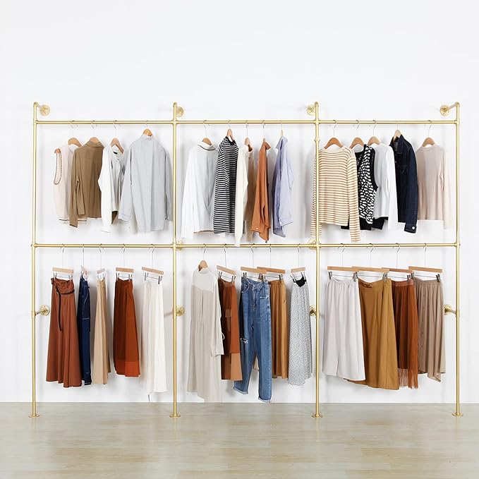 Wall Mounted Industrial Pipe Clothing Garment Racks, Metal Clothing Store Display Stands Clothes Rack Multi-purpose Heavy Duty Hanging Rod for Closet Storage, 134in Gold