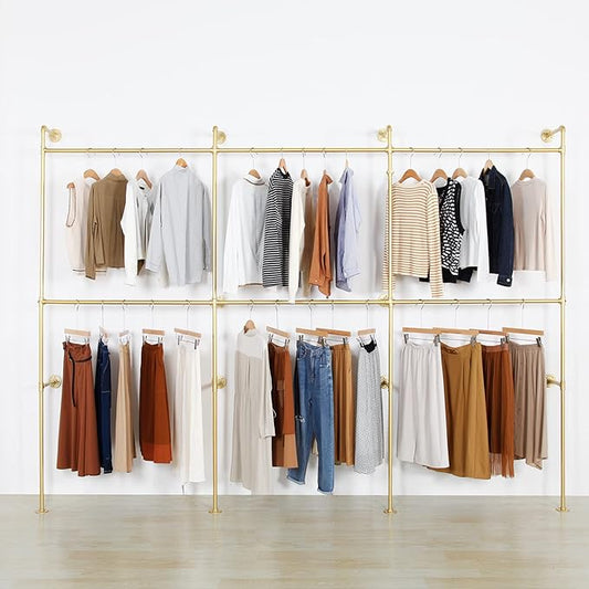 Wall Mounted Industrial Pipe Clothing Garment Racks, Metal Clothing Store Display Stands Clothes Rack Multi-purpose Heavy Duty Hanging Rod for Closet Storage, 134in Gold