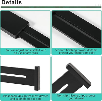 4 Pack Bamboo Drawer Dividers 2.6" High, Adjustable Length from 12 Inch to 17 Inch, Expandable Kitchen Drawer Organizer Separators for Clothes, Kitchen, Bedroom, Dresser, Office (Black)