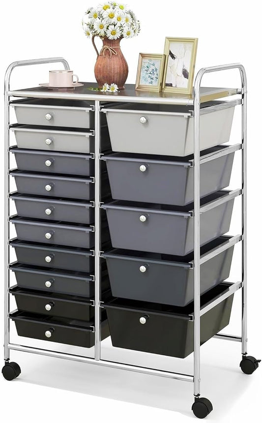 KOTEK 15-Drawer Rolling Storage Cart, Multipurpose Mobile Utility Cart with 4 Wheels, Home Office School Tools Scrapbook Paper Organizer (Grey & Black)