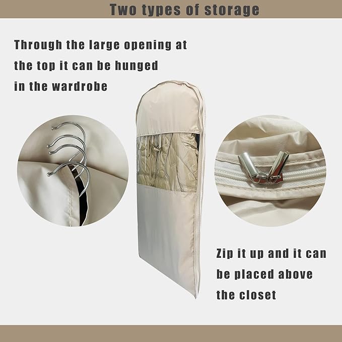 Space Saving Hanging Garment Bag, Hanging Compression Bags for Coats, for Closet Storage, Compression Hanging Garment Bag Protects Clothes from Wrinkles, Dust-resistant (Beige,L)