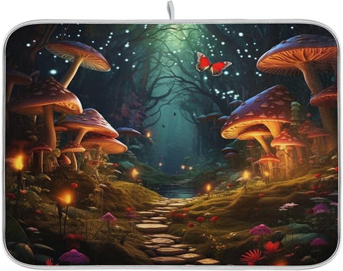 Beautiful Fairyland Road to Forest Big Mushroom Microfiber Dish Drying Kitchen Countertop Table Protector Multipurpose Counter Rack Sink Drainer Pad (16" x 18")