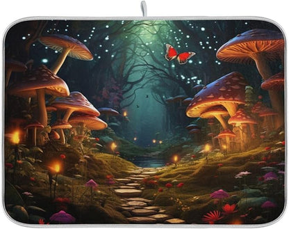 Beautiful Fairyland Road to Forest Big Mushroom Microfiber Dish Drying Kitchen Countertop Table Protector Multipurpose Counter Rack Sink Drainer Pad (16" x 18")