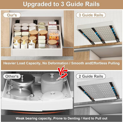 Pull out Cabinet Organizer,Expandable Width(11"-16"),Depth(17"-24") with 3 Rails,Roll out Drawers,No Drill Adjustable Slide out Shelves for Kitchen,Pantry,for Both Lip and Lip-Free Cabinets,White(1PC)