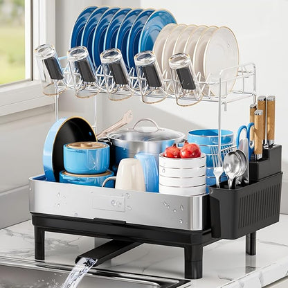 Ewaiira Dish Drying Rack, 2 Tier Large Dish Rack, Stainless Steel Dish Drainer for Kitchen Counter, Dishes Rack with Automatic Drainage, Utensil Holder,Cups Holder,Space Saving Kitchen Organizer,Black