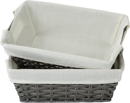 JS HANGER Wicker Storage Basket with Liners, Set of 2, Washable Waterproof, 12.6"L x 8.7"W x 4.3"H, Woven Basket for Pantry, Toilet, Bathroom, Bedroom, Patio, Grey