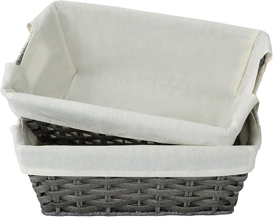 JS HANGER Wicker Storage Basket with Liners, Set of 2, Washable Waterproof, 12.6"L x 8.7"W x 4.3"H, Woven Basket for Pantry, Toilet, Bathroom, Bedroom, Patio, Grey
