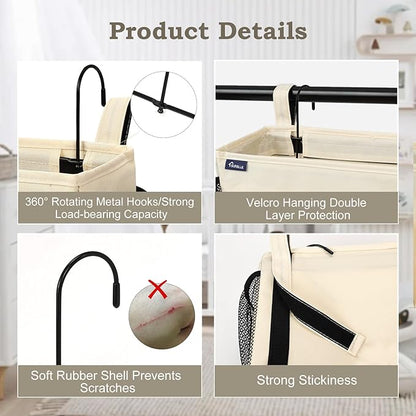 Surblue Bedside Organizer with Hook Caddy Hanging Storage Bag with Adjustable Straps and Water Bottle Holder for Home, College Dorm, Bunk Bed Accessories, Crib, Hospital Bed, Beige