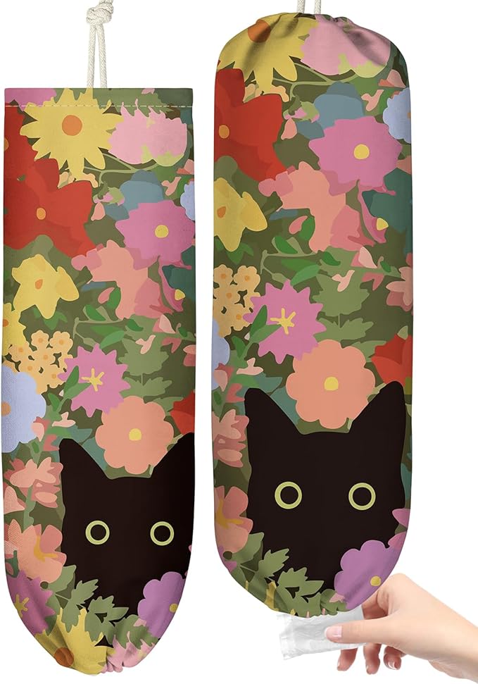 Plastic Bag Holder Organizer - 1 Pack Reusable Canvas Grocery Bags Holder Hanging Wall Cute Aesthetic Shopping Bag Storage Dispenser with Drawstring Closure for Kitchen Home, Cat In Flower