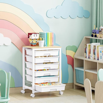Rolling Storage Utility Cart with 6 Drawers and Wooden Tabletop for Under Desk Storage,White