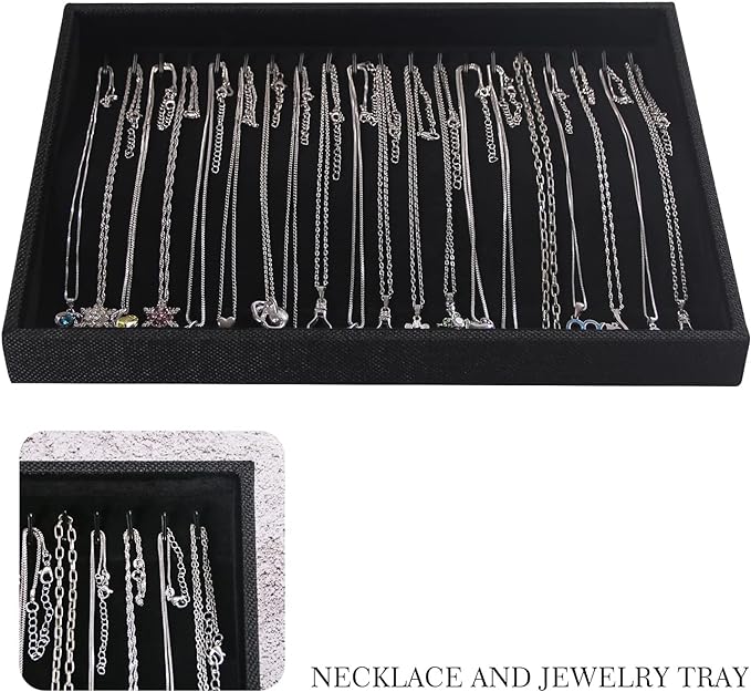 Julysky 2 Pcs/set Stackable Jewelry Organizer Trays，Necklace Tray+Necklace Tray, Jewelry Displays for Selling,Black