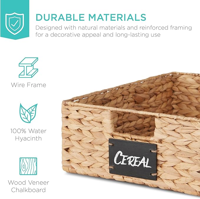 Best Choice Products Set of 4 16x12in Large Water Hyacinth Pantry Baskets, Woven Organizers w/Chalkboard Label, Chalk Marker - Natural