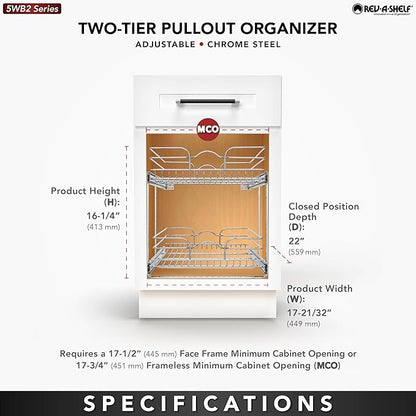 Rev-A-Shelf 2-Tier Kitchen Cabinet Pullout Shelf and Drawer Organizer Slide Out Pantry Storage Basket in Multiple Sizes, 18 x 22 In, 5WB2-1822CR-1