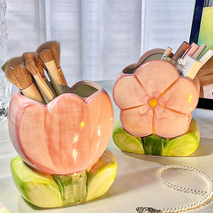 Cute Toothbrush Holder Pen Holder for Desk Pink Vase Decor Aesthetic Pencil Holder for Office Makeup Brush Holder Kawaii Desk Accessories Tulips Home Decor Birthday Gifts for Women