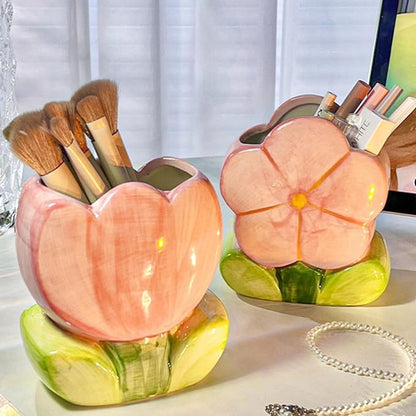 Cute Toothbrush Holder Pen Holder for Desk Pink Vase Decor Aesthetic Pencil Holder for Office Makeup Brush Holder Kawaii Desk Accessories Tulips Home Decor Birthday Gifts for Women