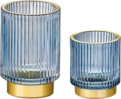 LEICURACE Makeup Brush Holder Organizer,Toothbrush Holders,Desk Pen Pencil Holder,Multifunctional Vintage Glass Brush Cup（S+L/Blue/A3-3-US）