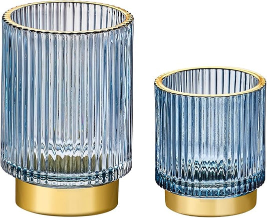 LEICURACE Makeup Brush Holder Organizer,Toothbrush Holders,Desk Pen Pencil Holder,Multifunctional Vintage Glass Brush Cup（S+L/Blue/A3-3-US）