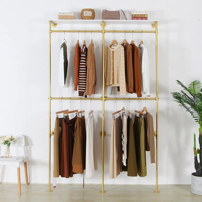 Modern Simple Industrial Pipe Double Hanging Rods Clothing Rack with Shelves, Heavy Duty Metal Clothes Rack Bedroom Freestanding Wardrobe Closet Rack, 93in Gold