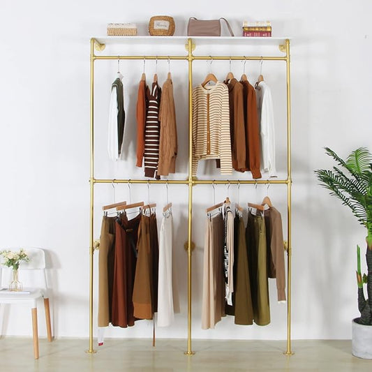 Modern Simple Industrial Pipe Double Hanging Rods Clothing Rack with Shelves, Heavy Duty Metal Clothes Rack Bedroom Freestanding Wardrobe Closet Rack, 93in Gold