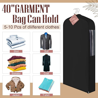2 Set 40in Short Cotton Garment Bags, 6in Wide Gusset Hanging Storage Clothes with 8 Cedar Blocks, Transparent Mesh Window, Breathable Closet Bags for Fur Coat Suit Sweater Dress, Black