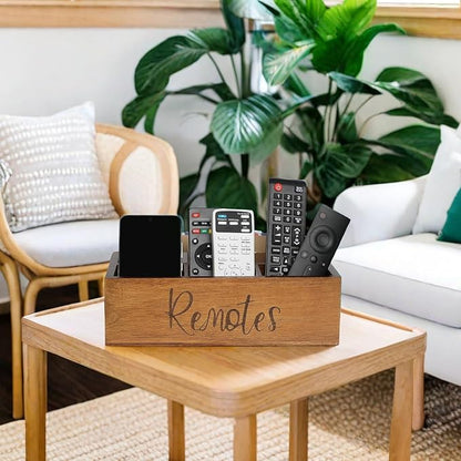 Acacia Wood Remote Control Holder Caddy, TV Organizer for Table, Vintage Farmhouse Desk Caddy (Brown-for 6+ Controls)