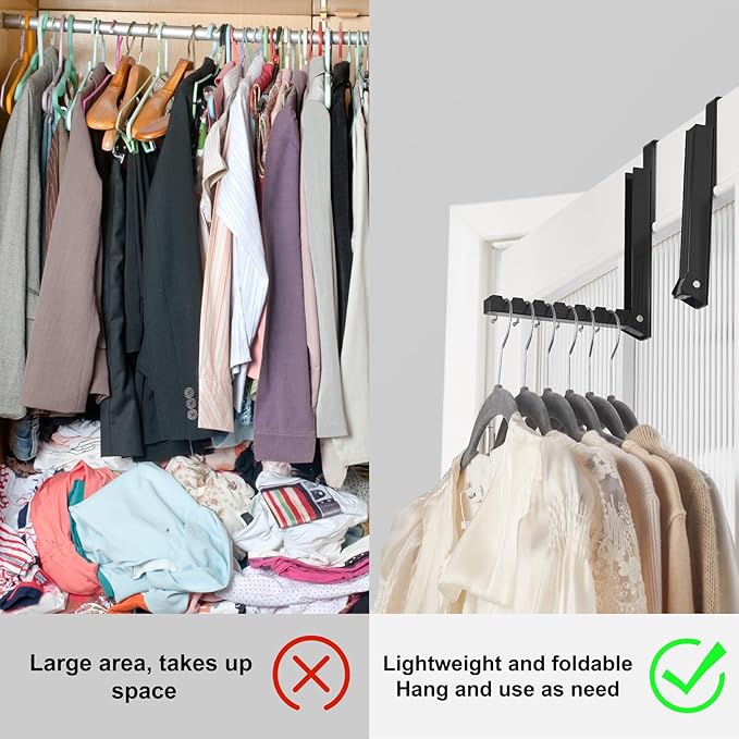 YAZYBHA Over The Door Hooks Hanger for Clothes, 1 Pack Foldable Over The Door Drying Rack for Laundry, Overdoor Hanger Hook with 6 Groves for Towel, Coat, Black