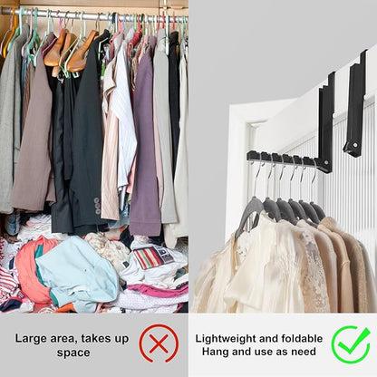 YAZYBHA Over The Door Hooks Hanger for Clothes, 1 Pack Foldable Over The Door Drying Rack for Laundry, Overdoor Hanger Hook with 6 Groves for Towel, Coat, Black