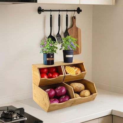 Bamboo Pantry Storage Bins with Lid - Stackable Baskets, Potato and Onion Storage, Wood Storage Bins for Pantry Baskets Organization and Storage, Kitchen Essential, Set 3 Pieces